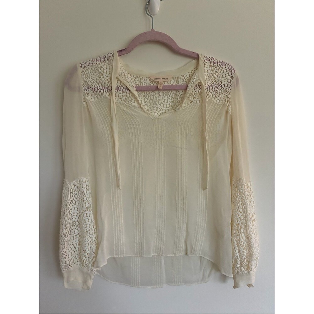 Rebecca Taylor Cream Silk Crochet Lace Sheer Peasant Blouse size 0